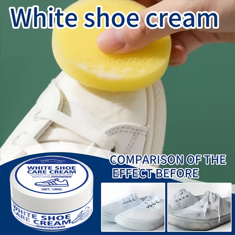 Sneaker Care Whitener - ครีมดูแลรองเท้าผ้าใบสีขาวพร้อมฟองน้ำ: ขจัดคราบเหลือง ทำให้ขาวขึ้น บำรุง—เงางามยาวนาน ใช้งานง่ายที่บ้าน